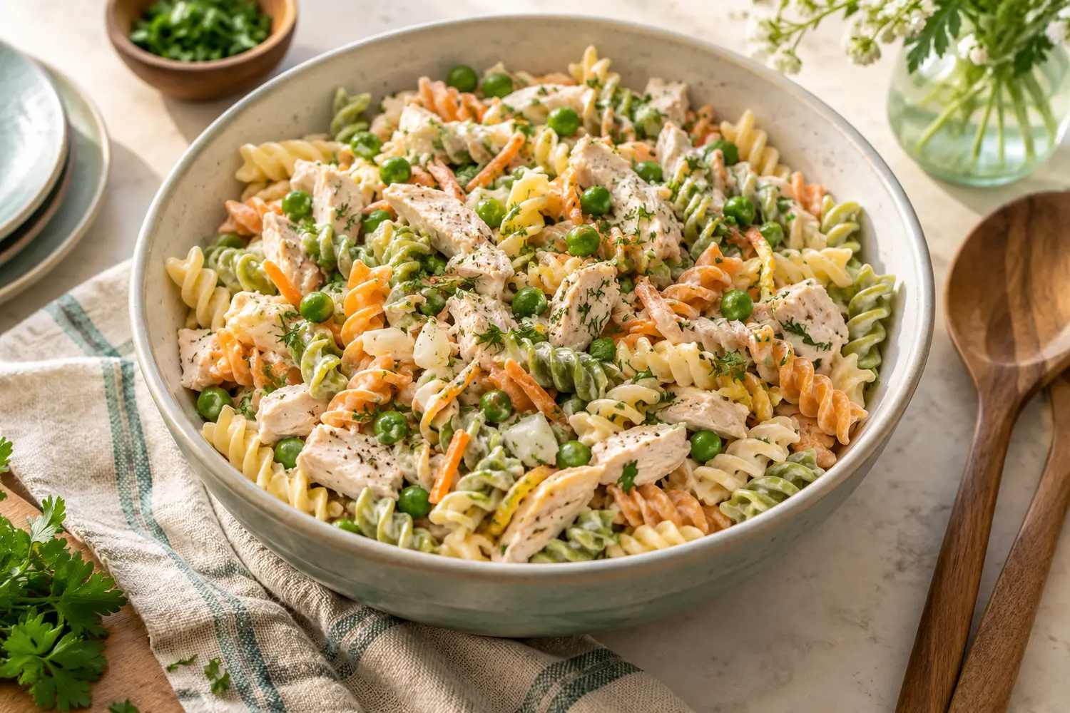 Tri-color ranch chicken pasta salad with carrots, peas, and herbs