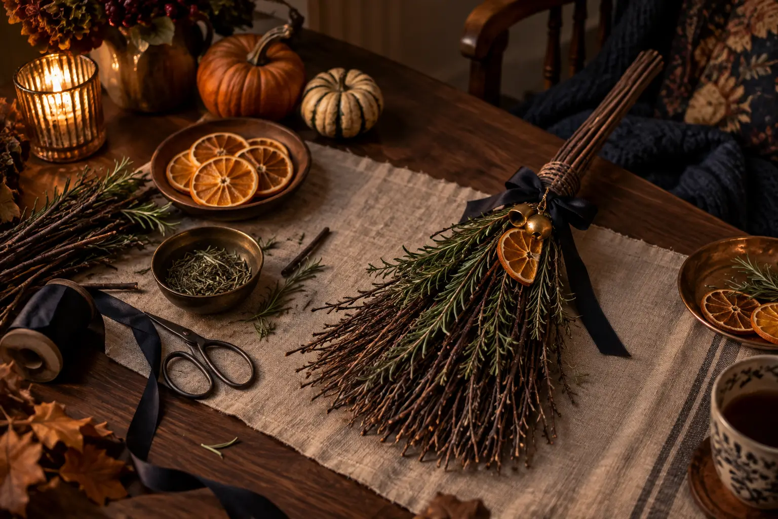 Decorative harvest broom made with twigs rosemary dried orange black ribbon and brass bells