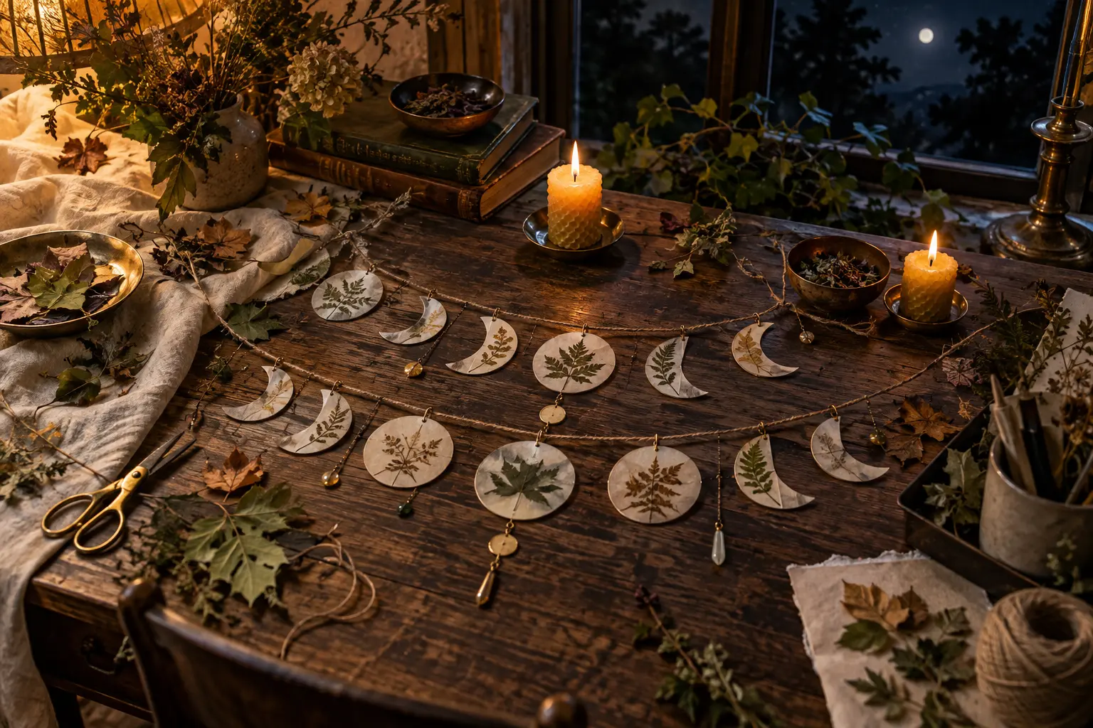 Handmade moon-phase garlands with pressed autumn leaves on a walnut worktable by candlelight