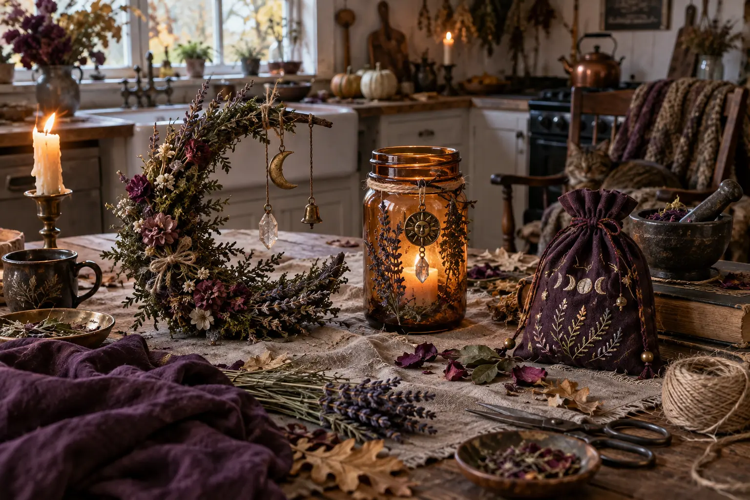 A crescent herb wreath, amber intention lantern, and stitched spell pouch on a warm craft table