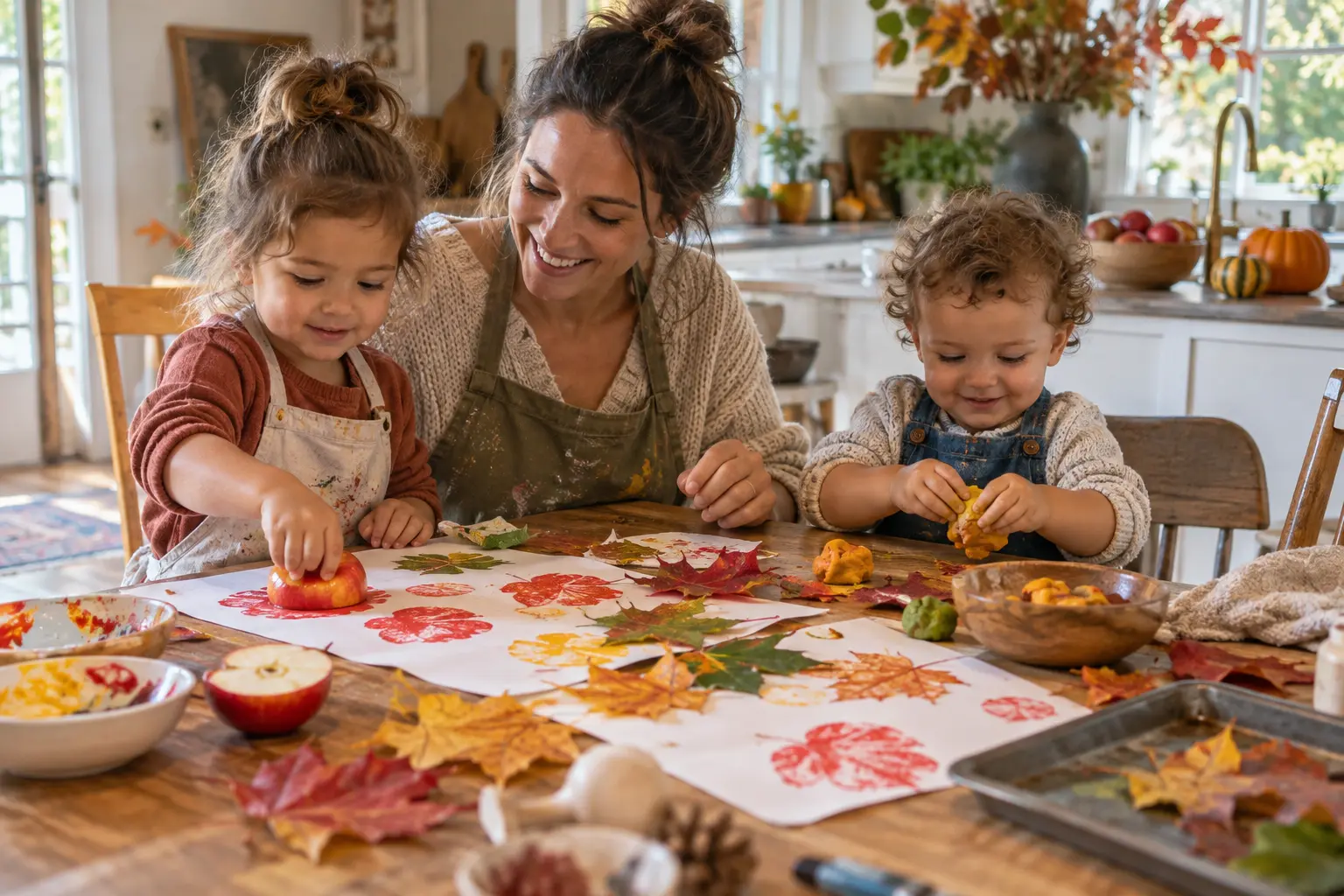 A mother and toddlers making apple prints and autumn leaf crafts