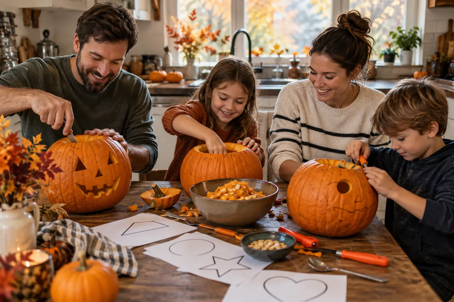 A family carving pumpkins with paper templates at an autumn kitchen table