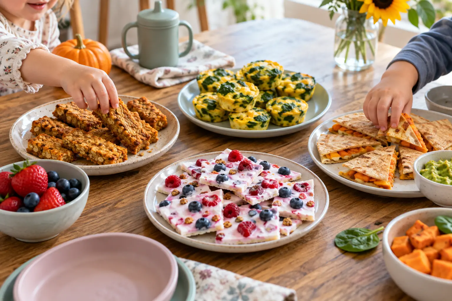 Toddler hands reaching for healthy oatmeal fingers, egg muffins, quesadillas, and yogurt bark