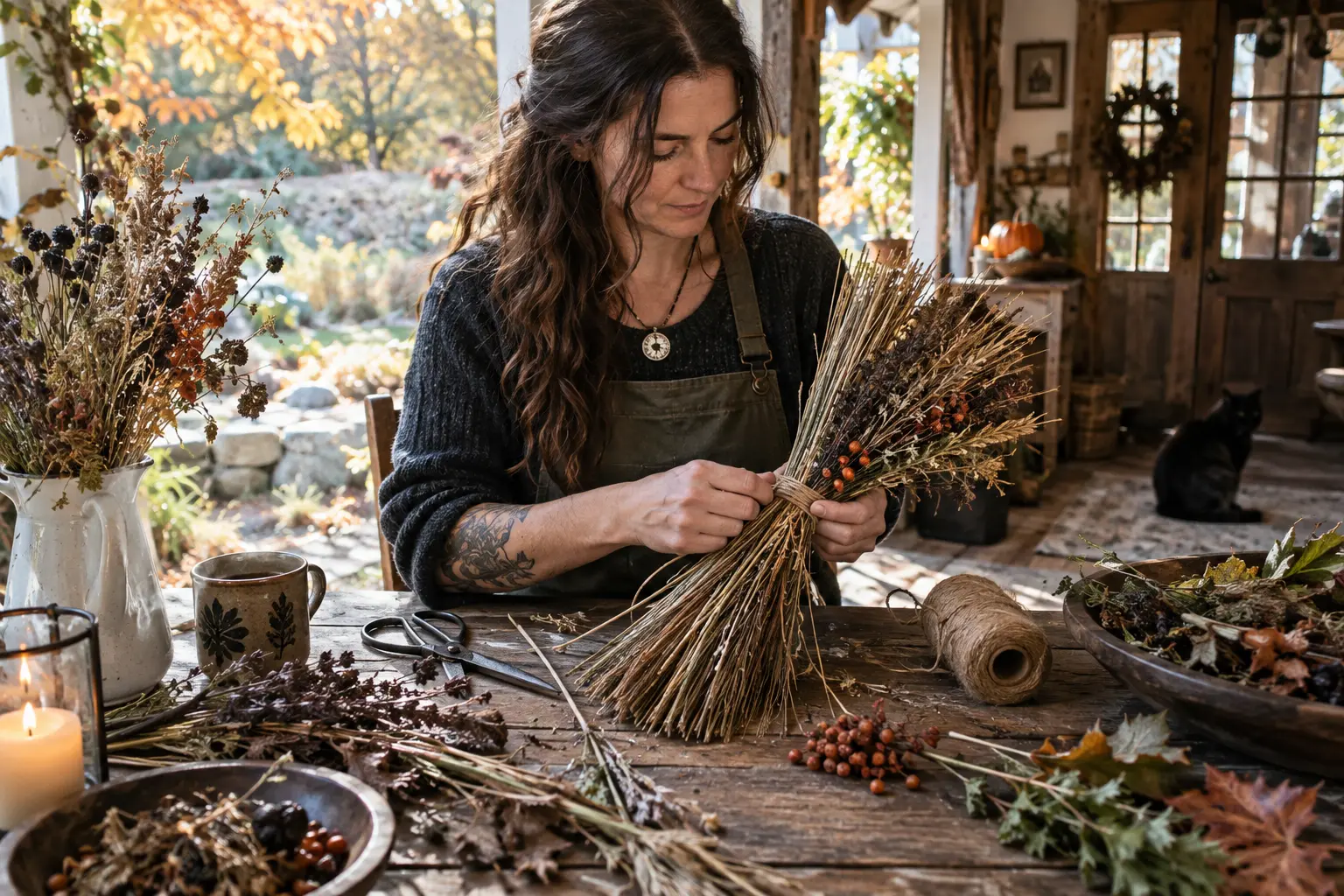 Hands binding a small autumn ritual broom with rosemary, dried grasses, natural cord, and orange slices