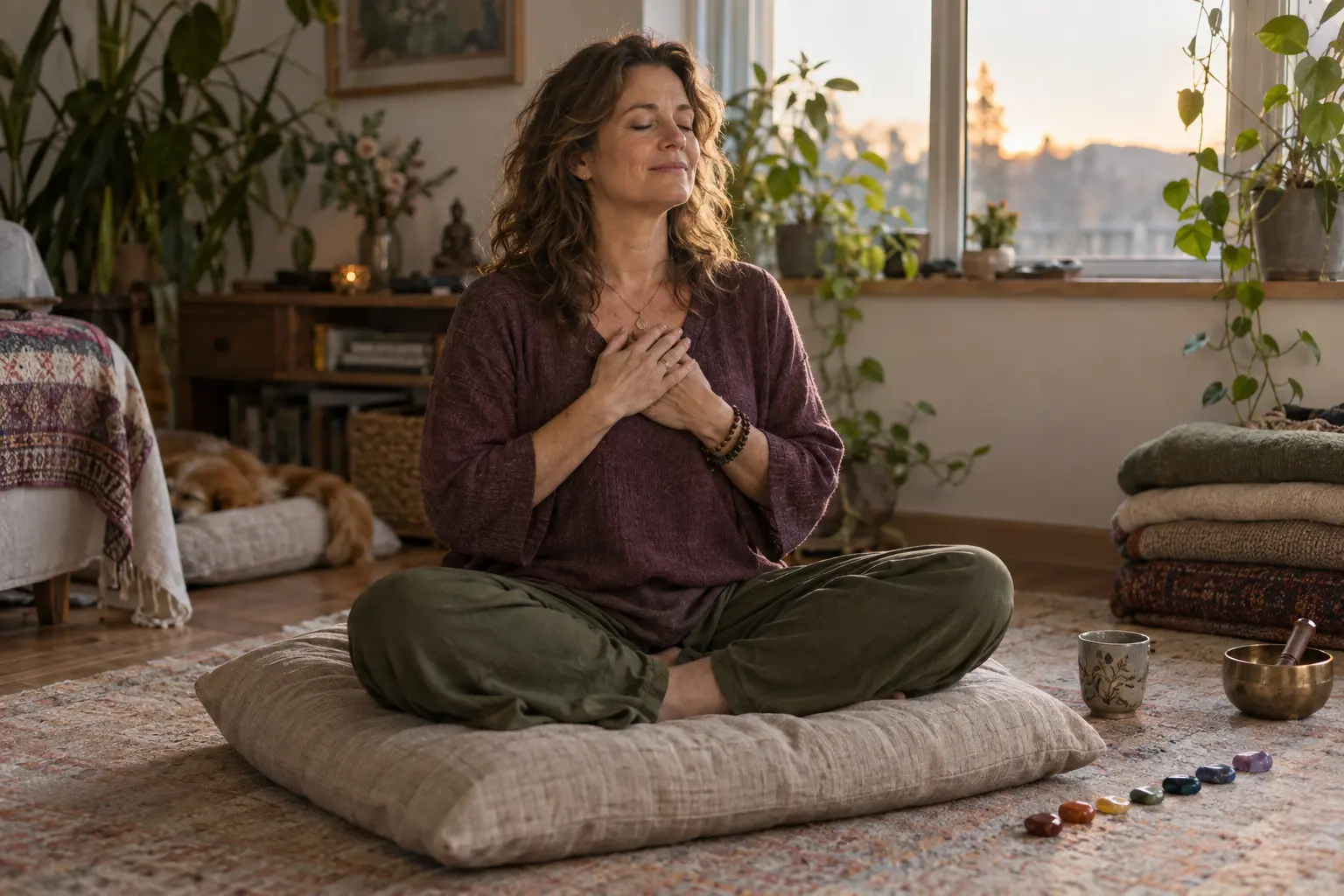 A woman practicing a grounded chakra check-in in a warm, plant-filled home