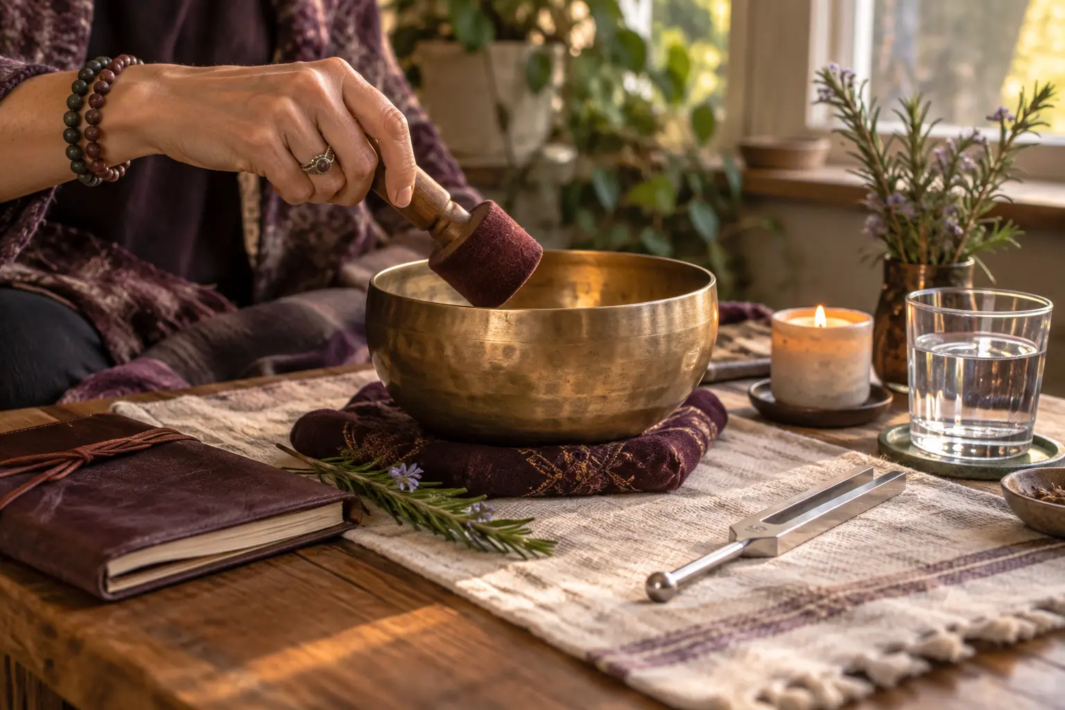 A singing bowl, tuning fork, journal, rosemary, and candle arranged for a grounded home sound practice