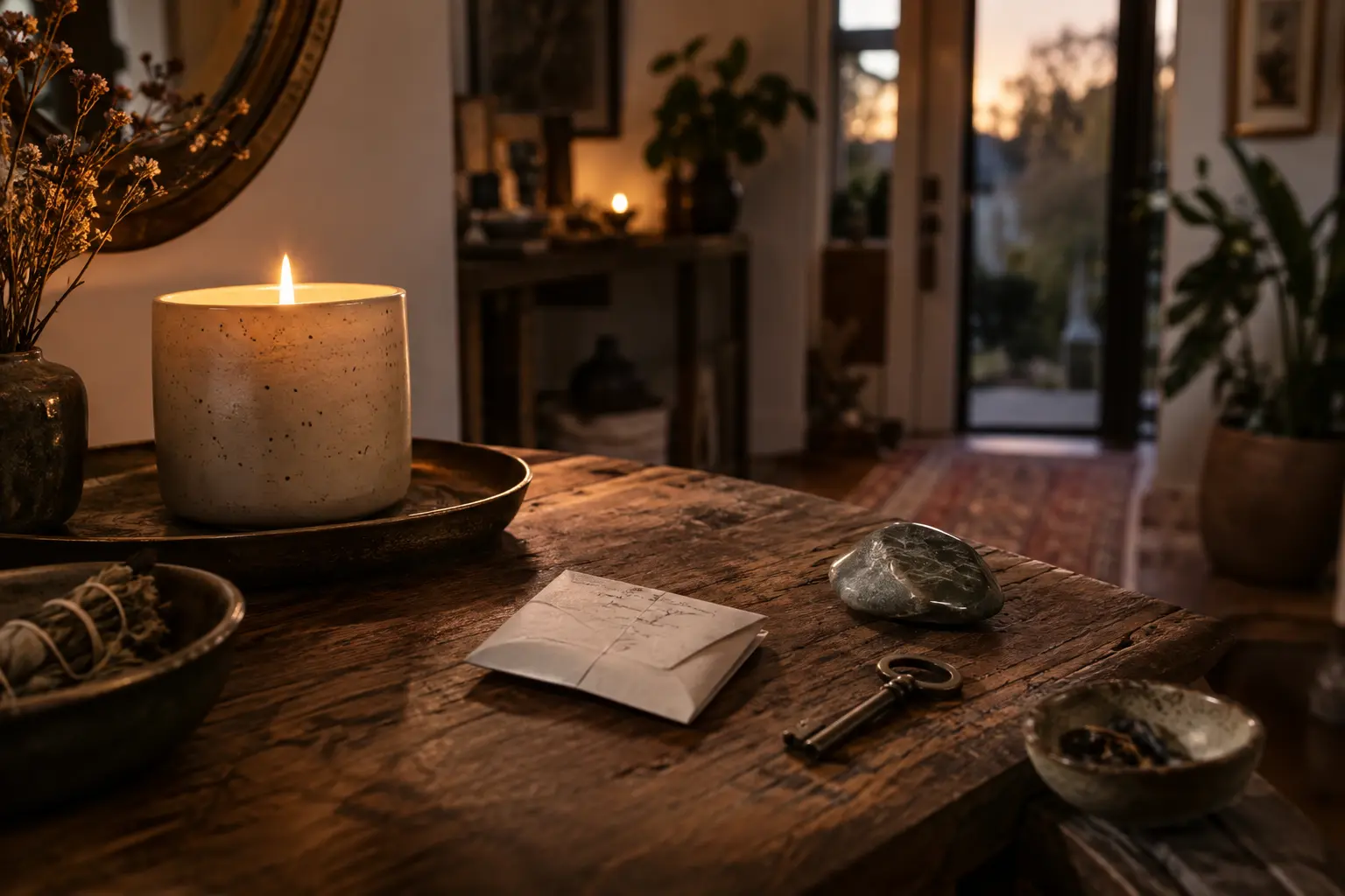 A candlelit table arranged with moon symbols, herbs, small papers, and bowls for grounded home spellwork