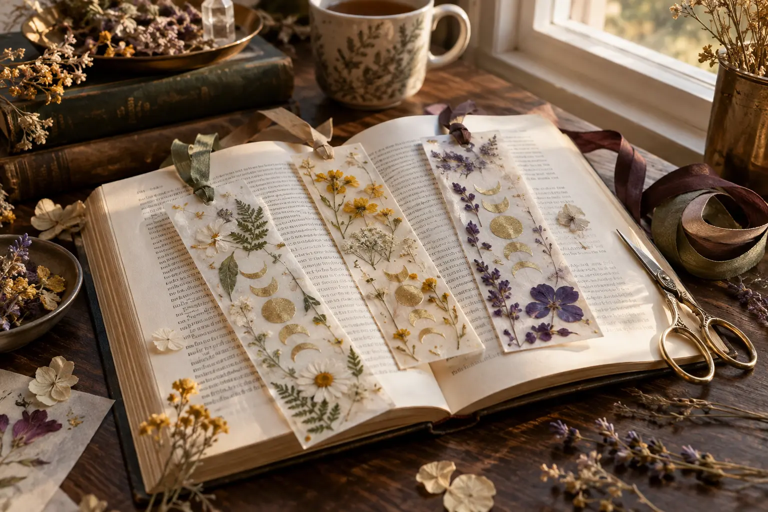 Handmade navy and cream botanical bookmarks with pressed herbs and moon phases on a wooden worktable