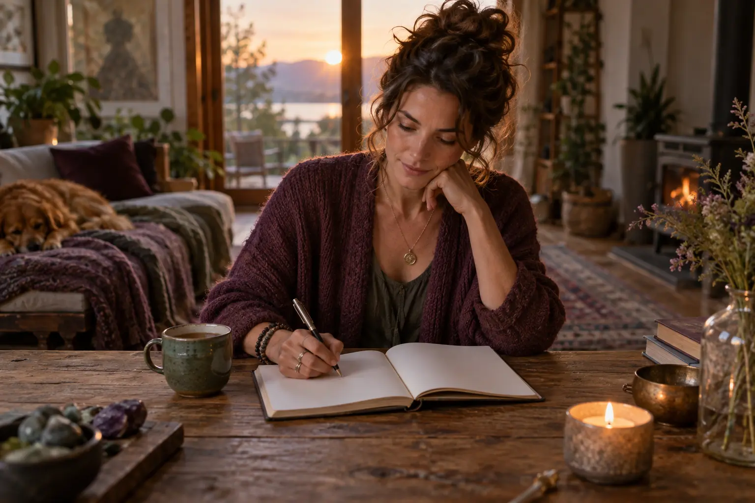 A handmade botanical journal with moon details, dried herbs, vintage photographs, and writing tools