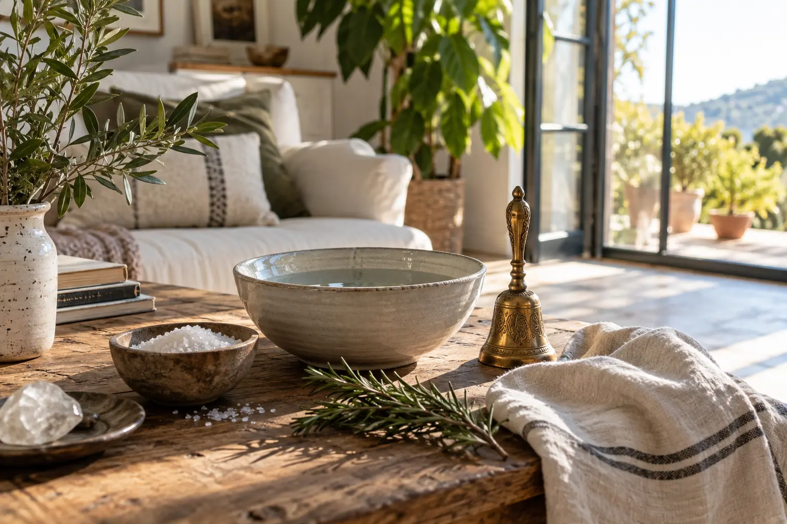 An autumn home altar and dining table prepared for a gentle smoke-free seasonal cleansing ritual